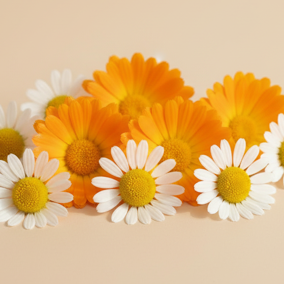 Two white daisies and one orange flower on a white background