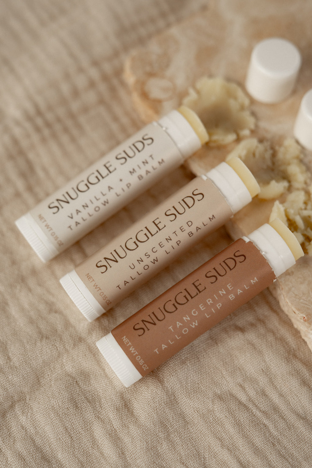 Tallow Lip Balm Trio (Vanilla Mint, Unscented, Tangerine)