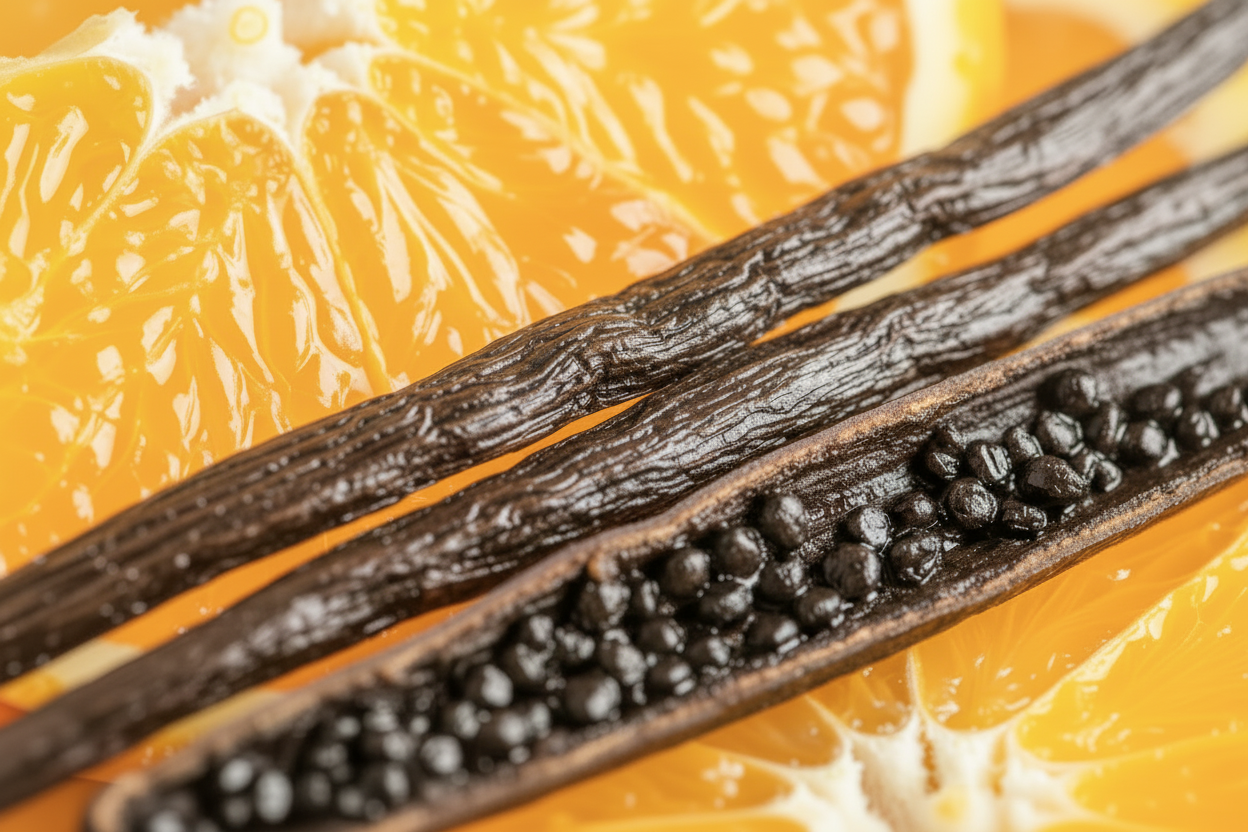 Vanilla beans on a background of orange slices