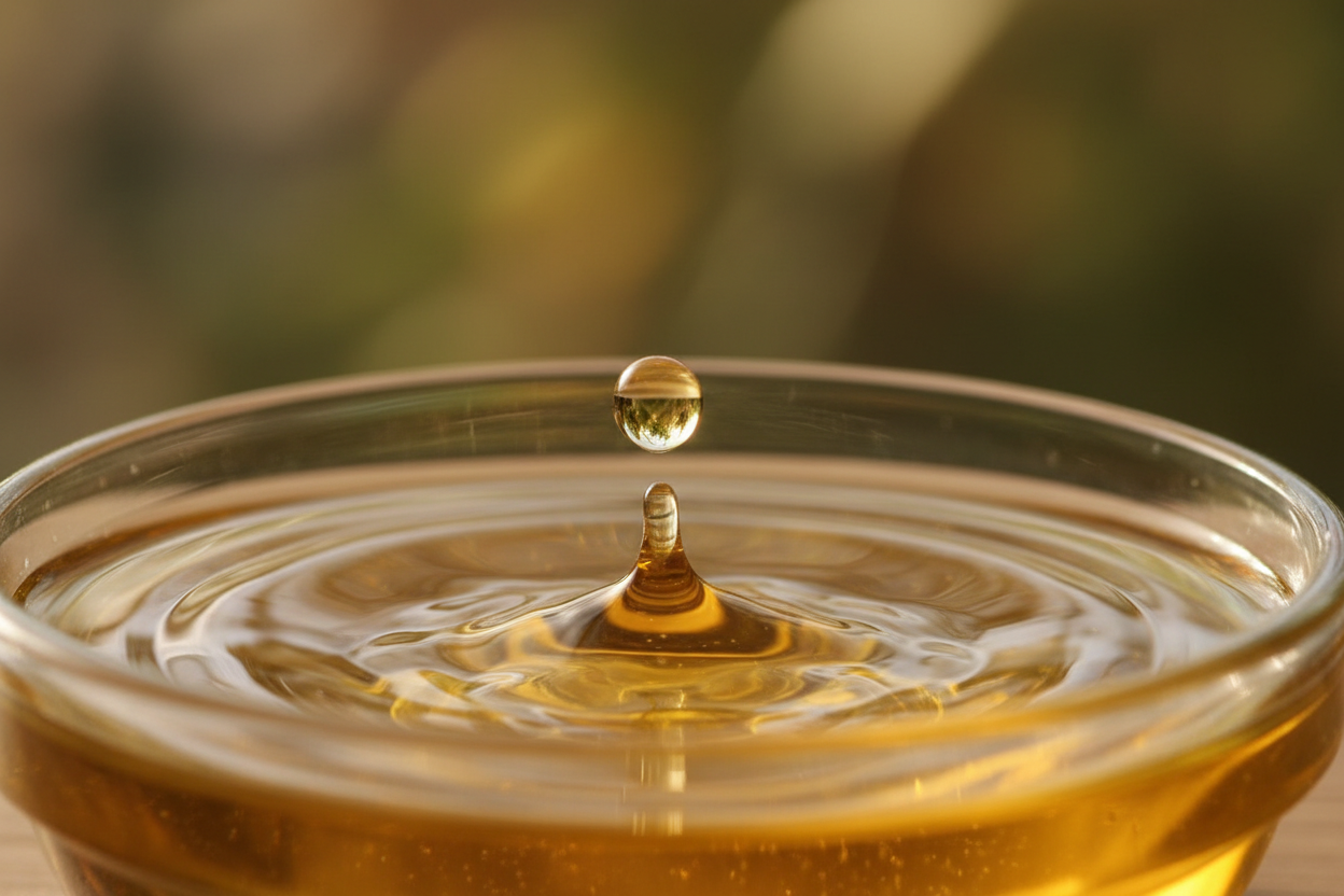 Close-up of jojoba oil being dripped into a glass container with a blurred natural background