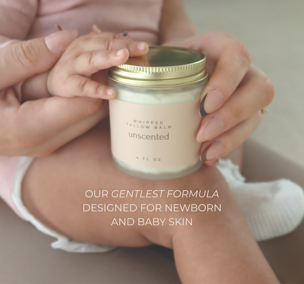 Person holding a jar of baby balm with text about its formula for newborns and babies.