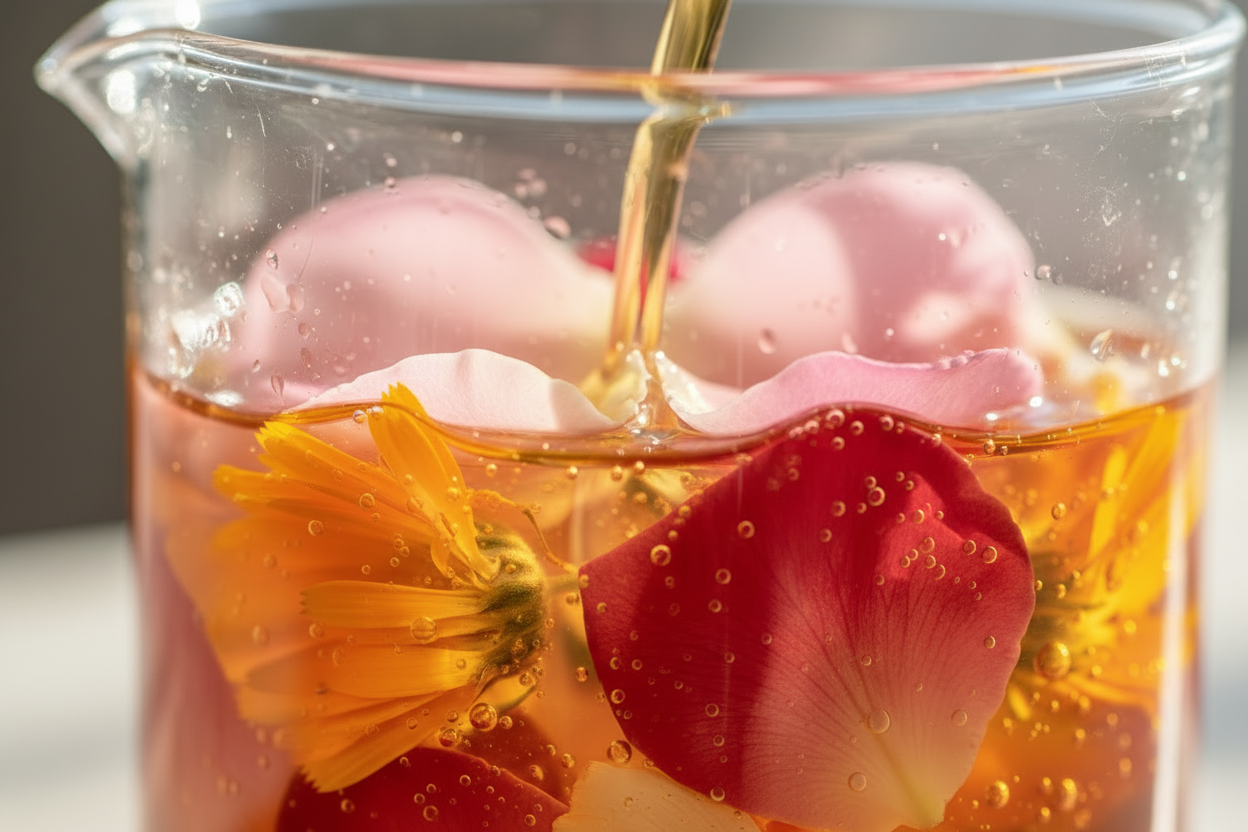 Glass container with pink flowers and a red fruit being poured with a liquid, possibly tea.